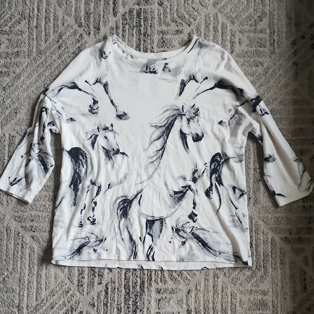 Chico's White Black Graphic Boxy Equestrian Blouse